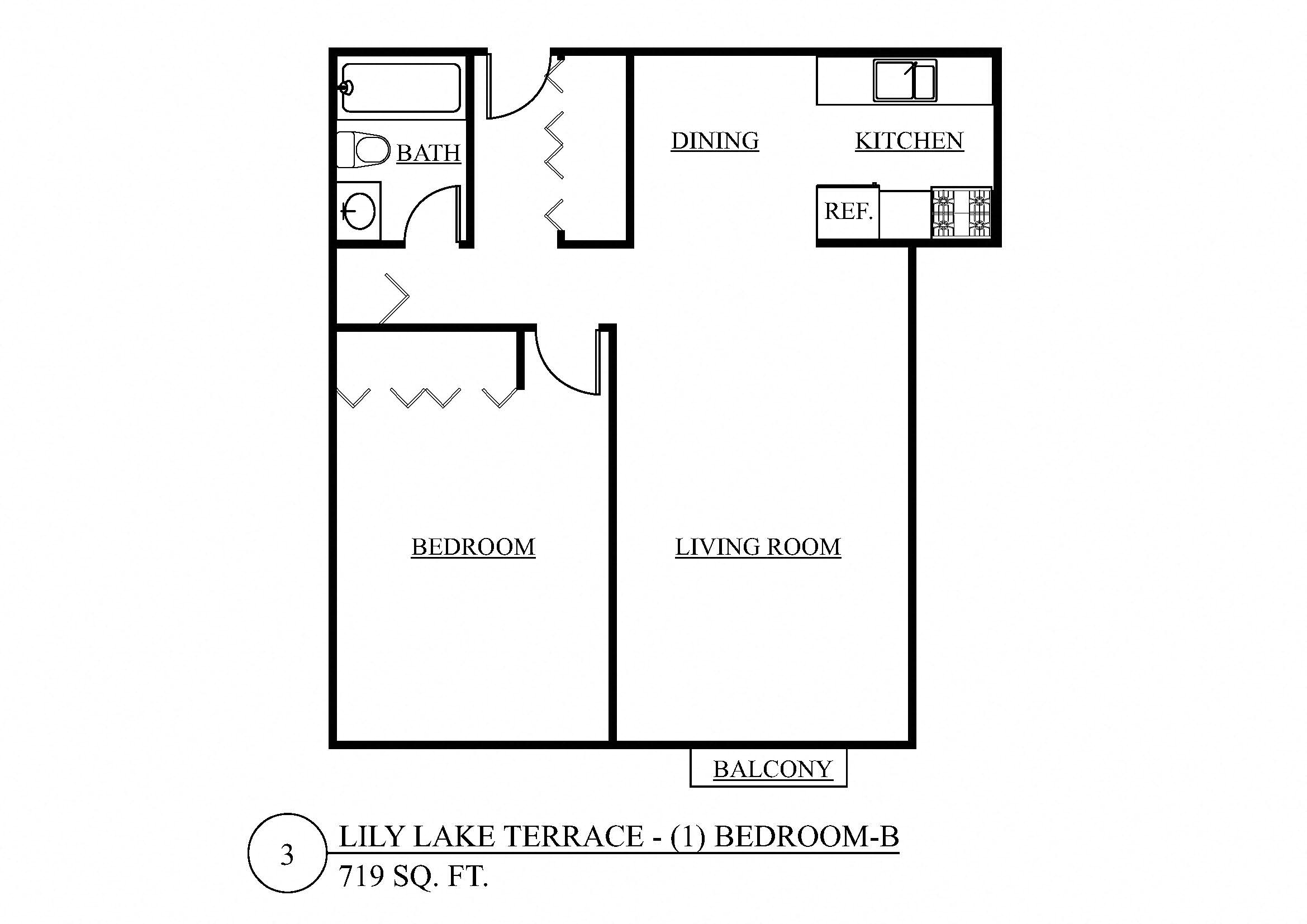 Floor plan for 1 bed, 1 bath, 719 sqft